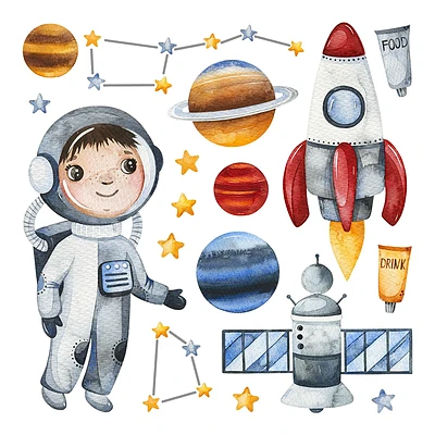 Samolepky na stenu 130x174 Malý astronaut v akvarelovom vesmíre
